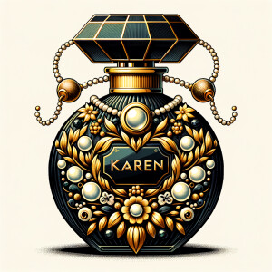 Design a fancy, black and gold bottle of perfume in the shape of a woman’s body. With a golden diamond top, flowers pearls and Diamonds in the name, Karen