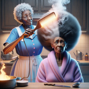 Create a realistic 3-D image of an african-American grandmother wearing a blue house dress and a white apron . She is in the kitchen with her african-American granddaughter. Her granddaughter is wearing a pink bath robe. The grandmother has a hot comb in her hand and she is straightening her granddaughters hair. One side of her granddaughters hair is in  a Afro the other straight 
There is smoke coming from the hot comb
The granddaughter is making a face