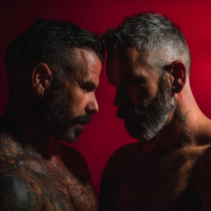 Two rugged, masculine men standing closely together in an intima...