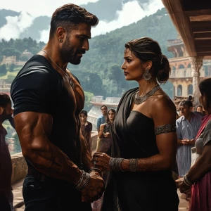 a muscular, sweaty criminal man  greeting guests alongside his...