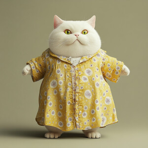 A fat cream cat wearing a yellow floral patterned nightgown is s...