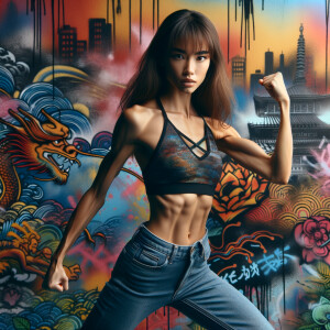 Athletic Thin skinny Attractive, Asian teenage girl, long brown hair and bangs, wearing tight skinny jeans and a halter top paint marks on her clothing, heroic pose Asian graffiti background