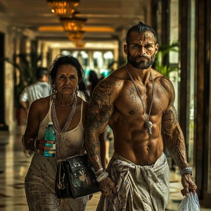 photo,fantasy,A sweaty tattoed muscular man walking with his 50...