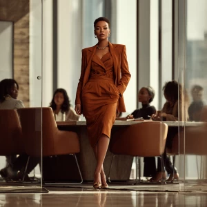 Create an image of a commanding Black woman leading a meeting in...