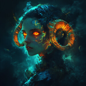 Create a bioluminescent female figure with Aries-themed attribut...