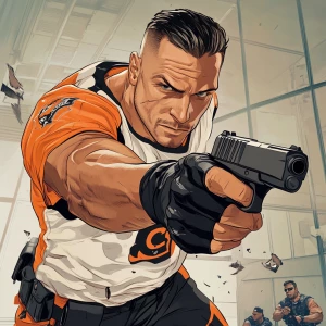 Create an image of a muscular character dressed in an orange and...