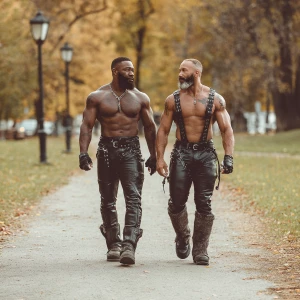 Two gray bodybuilder muscle, bearded, men walking in the park wi...