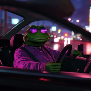 pepe meme driving a car. Use iconic GTA style.