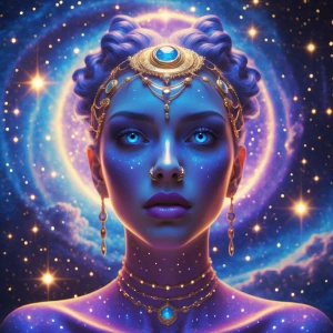 Create an image of a Taurus goddess with blue eyes and head & no...