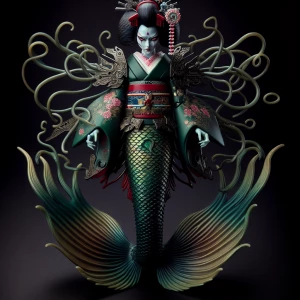 Create a piece of art featuring a geisha mermaid action figure....