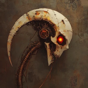 A biomechanical skull with a scythe-like horn curving forward, g...