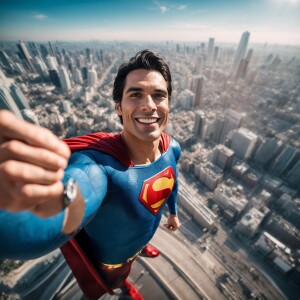 Superman giving a thumbs up, above a sprawling cityscape, direct...