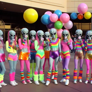 Female valley girl 80s aliens blowing bubbles with bubble gum ou...