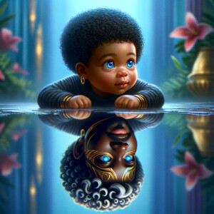 A curious cute african-American, baby with huge blue eyes and cu...