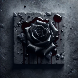 Black rose strewn onto cement and blood fallen on the rose as if...