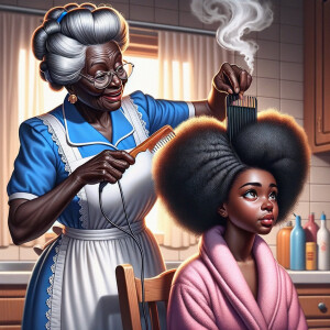 Create a realistic 3-D image of an african-American grandmother wearing a blue house dress and a white apron . She is in the kitchen with her african-American granddaughter. Her granddaughter is wearing a pink bath robe. The grandmother has a hot comb in her hand and she is straightening her granddaughters hair. One side of her granddaughters hair is in  a Afro the other straight 
There is smoke coming from the hot comb
The granddaughter is making a face