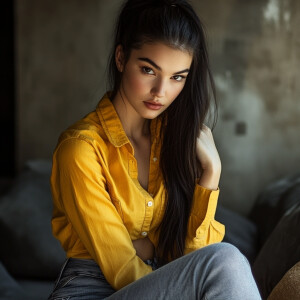 Capture the elegance of a fair-skinned woman with dark long hair...