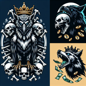 A menacing, three-headed crow perched above, adorned with skulls...