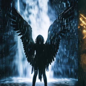 A powerful angel standing in the rain, glowing wings, cinematic...