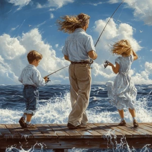 A family fishing off a dock with the water rippling and there ha...