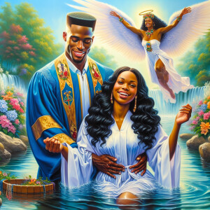 An oil painting depicting a light-skinned African-American pasto...