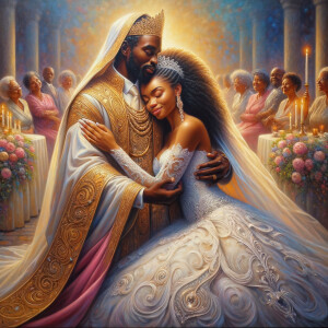 Imagine a hyper-realistic oil painting that captures a tender moment between theAfrican American bride and her God. The setting is intimate and filled with soft, warm lighting that enhances the emotional depth of the scene. The bride, in herexquisite wedding gown, shares a heartfelt embrace with her african-American Lord Jesus , who is dressedin an elegant outfit that complements the wedding's color scheme. Their expressions are full of love, pride, and joy, reflecting the special bond between them. Theattention to detail is paramount, from the intricate designs of their dresses to the subtle emotions conveyed in their facial expressions. The background is a blur ofgentle pastel hues, ensuring that the focus remains on this touching moment. Thispainting should convey the warmth, love, and depth of the relationship, with the rich textures and vibrant strokes characteristic of oil paintings, capturing the essence of this significant pre-wedding moment.