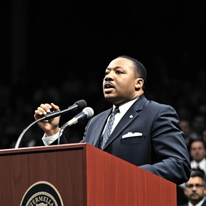 "Standing resolutely at the podium, Martin Luther King Jr. addre...