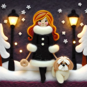Felted version of a ginger haired woman dressed in black in the...