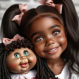 African-American girl with huge Hazel Brown eyes and long, black ponytails with Bows playing with African-American, cabbage Patch doll with huge dimples and freckles