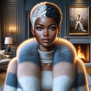 a full body veiw of a colorful gloss hyper realistic oil painting of a regal beautiful light skinned afro  American girlwith beautiful pixie cut one side of hair is black and the other side  of her hair white slick baby hair and furry white and pink and blue furry coat and outfit under the coat standing in living room with fireplace