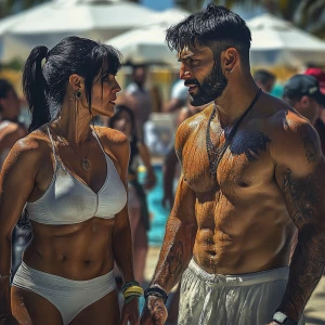 PhotoRealism,fantasy,a muscular beefy sweaty man walking with h...
