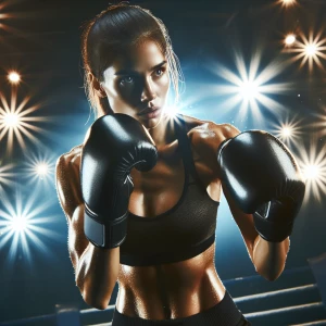Create an image of a woman boxer training intensely inside a wel...