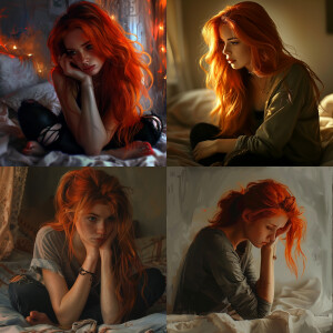 A redhead girl is sitting on a bed going through a tough breakup