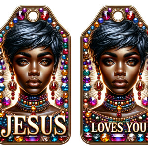 Redesign the tag to feature an African-American woman with a sty...