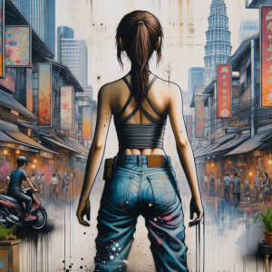 Attractive, Asian teenage girl, long brown hair and bangs, wearing tight skinny jeans and a halter top paint marks on her clothing, backside view heroic pose Asian graffiti