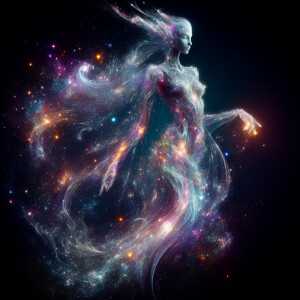 A shimmering, ethereal Djinn of cosmic energies, its form flicke...
