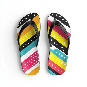 Design a pair of colorful bright flip-flops, one with stripes an...