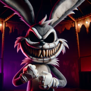 “Twisted cartoon rabbit with grey fur and long floppy ears, wide...