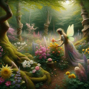 a beautiful fairy in the forest collecting flowers