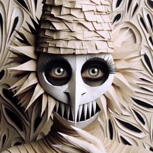 Artistic image. Person with big round green eyes wearing a paper...