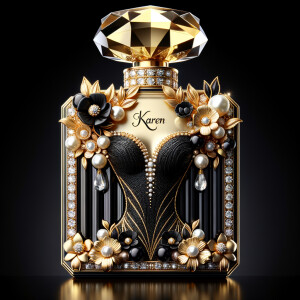 Design a fancy, black and gold bottle of perfume in the shape of a woman’s body. With a golden diamond top, flowers pearls and Diamonds in the name, Karen