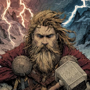 Graphic novel style illustration of Thor, Norse god of thunder,...