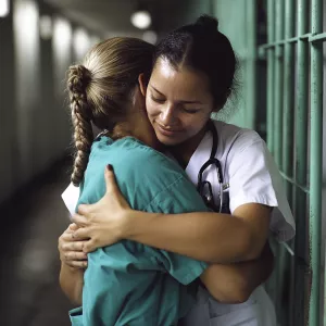 A nurse displaying compassion by giving a gentle hug to a prison...