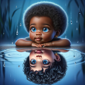 A curious cute african-American, baby with huge blue eyes and cu...