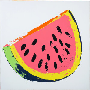 Generate a vibrant colorful image of a whimsical slice of waterm...