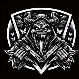 Create a bold horror themedmascot logo featuring a menacing crea...