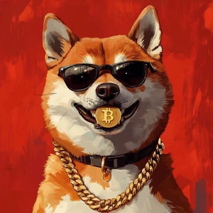 realistic Shiba Inu dog with a mischievous grin, wearing sunglas...