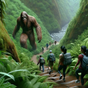 Create an image of a humanoid Sasquatch with dense fur, clandest...