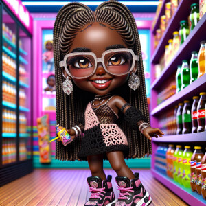 A hyper-realistic chibi woman in her 30s with dark brown skin, s...