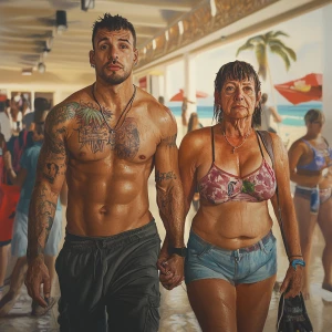Photorealism, a muscular, sweaty, tattooed, and pierced man walk...